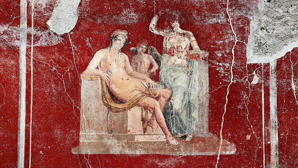 Адонис, Купидон и Венера, античная фреска из Помпей