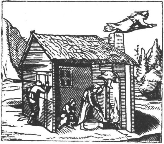 Ведьма, вылетающая в трубу. Из соч. А. Палинга 1659 г.
