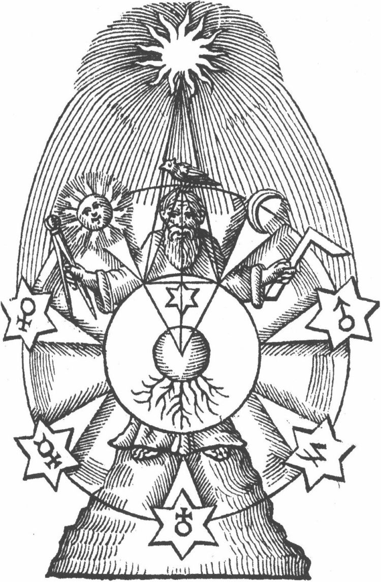 Лазарус Зетцнер. «Theatrum chemicum». 1661 г. Алхимик держит два масонских символа: циркуль и угольник, мрачное начало Работы, которое связано со спуском во тьму «глубин Земли»