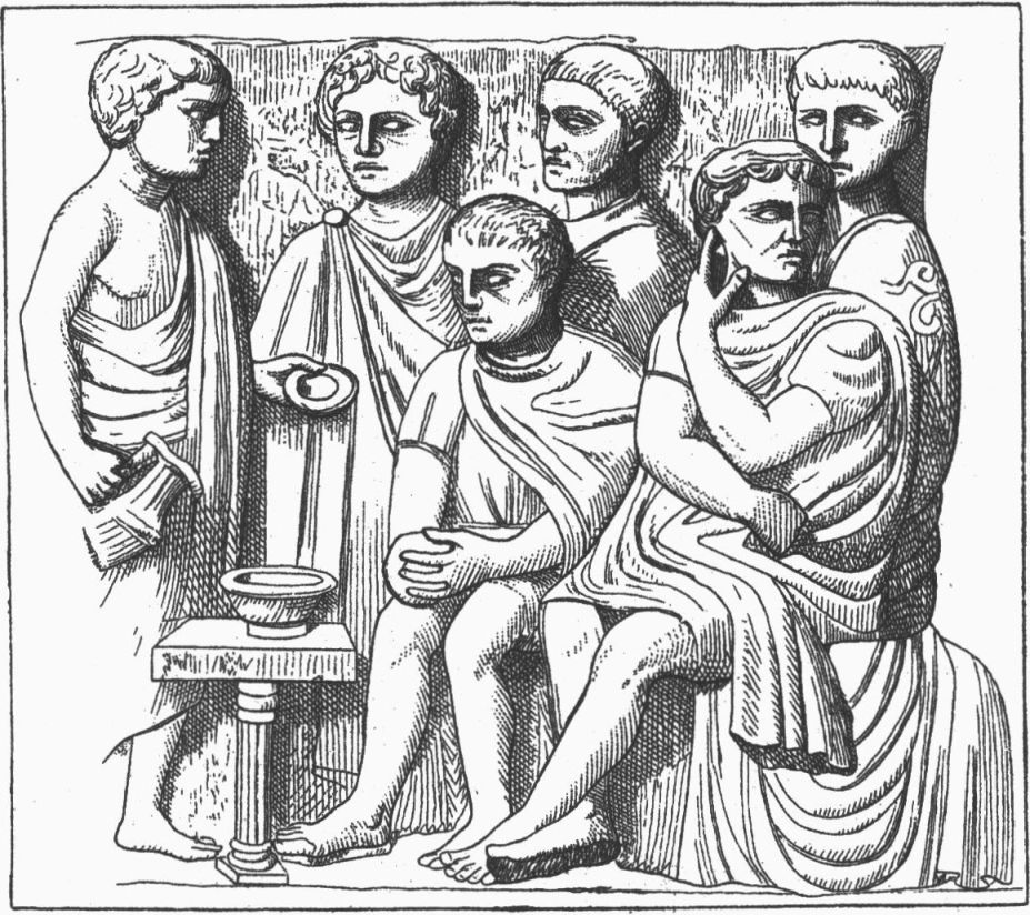 Пилат умывает руки. Прорисовка с изображения с саркофага Луцинского кладбища. Не позднее IV в.