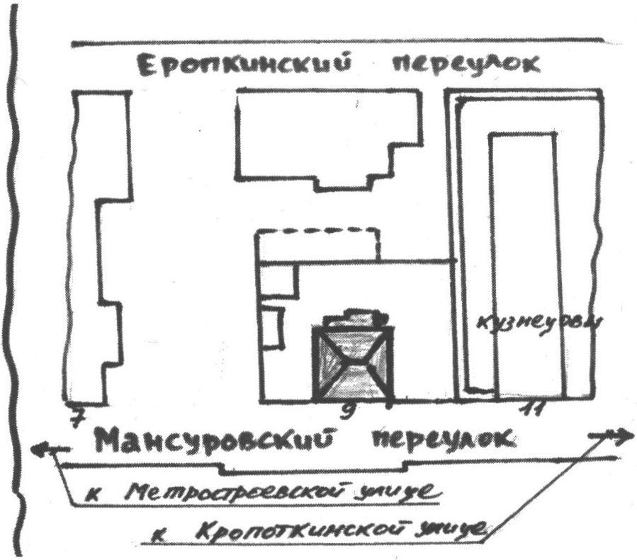 Рисунок-схема внутреннего двора д. 9 по Мансуровскому переулку, выполненный Б.С. Мягковым