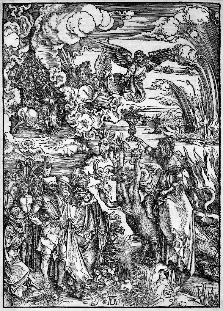 Альбрехт Дюрер. Зверь с семью головами и зверь с рогами агнца. 1496—1497