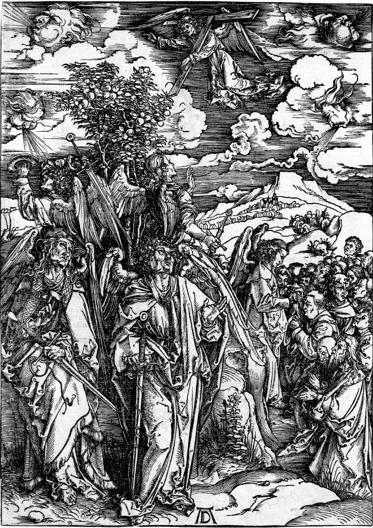 Альбрехт Дюрер. Четыре ангела, сдерживающих ветры, и 144 000 запечатлённых. 1497—1498