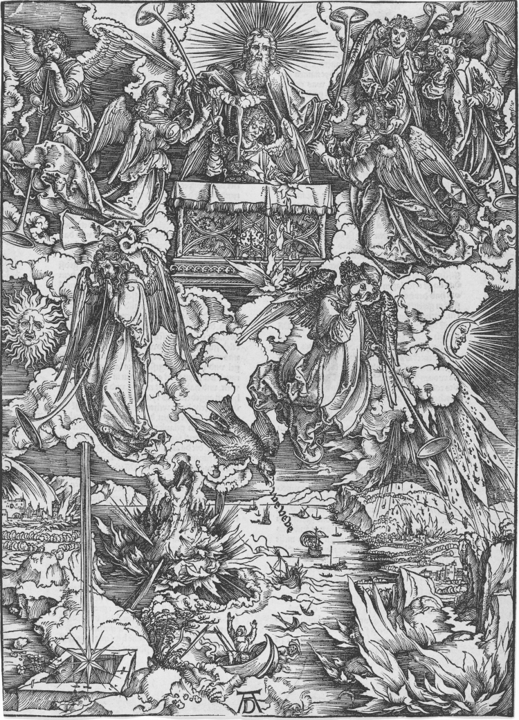 Альбрехт Дюрер. Снятие седьмой печати, первые четыре трубы. 1496—1497