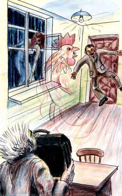 Вампир Варенуха и Гелла пугают Римского. Иллюстрация Анатолия Григоренко