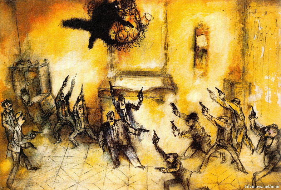 Бегемот на люстре отстреливается от непрошенных гостей. Иллюстрации Геннадия Калиновского