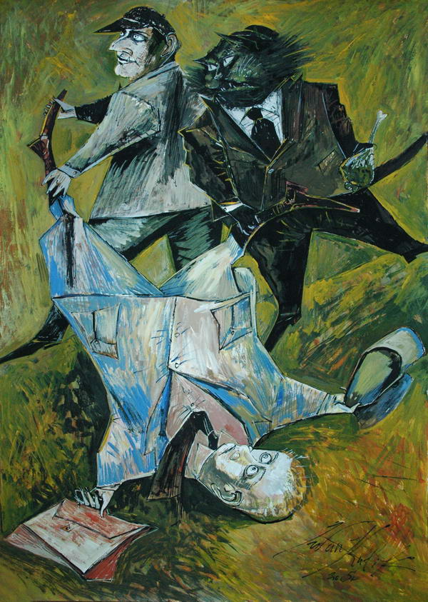 Бегемот с Азазелло тащат Варенуху за ноги. Иллюстрации Ивана Кулика к «Мастеру и Маргарите»