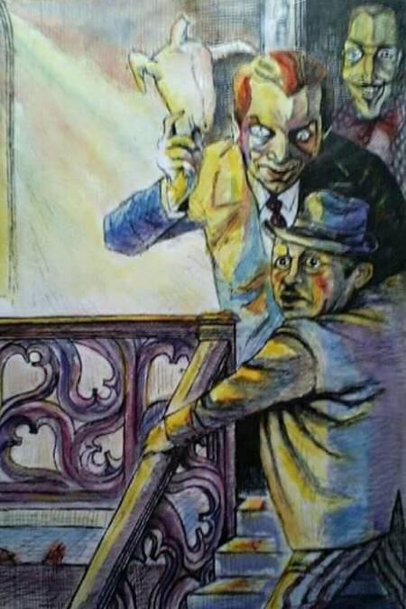 Азазелло выпроваживает дядюшку Берлиоза из квартиры. Иллюстрации Павла Леховича к «Мастеру и Маргарите»