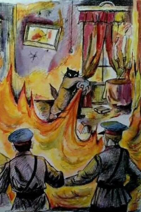 Кот Бегемот поджигает квартиру. Иллюстрации Павла Леховича к «Мастеру и Маргарите»