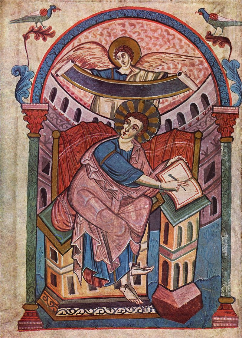 Матфей за созданием Евангелия. Иллюстрация из рукописного Евангелия конца VIII — начала IX века