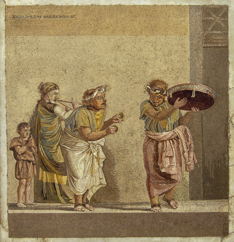 Мозаика из Помпей. 150—125 гг. до н. э. Музыканты (справа налево) играют на тимпане, кимвалах, женщина на двойном авлосе