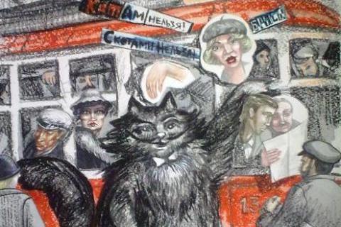 Кот Бегемот на фоне трамвая. Иллюстрации Анжелики Шуст к «Мастеру и Маргарите»