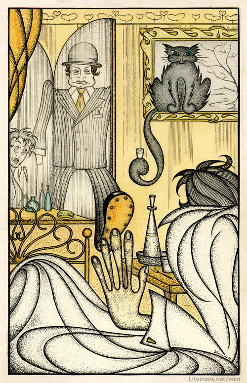 Азазелло пугает директора «Варьете», появившись перед ним прямо из зеркала. Иллюстрации Юрия Смирнова к «Мастеру и Маргарите»