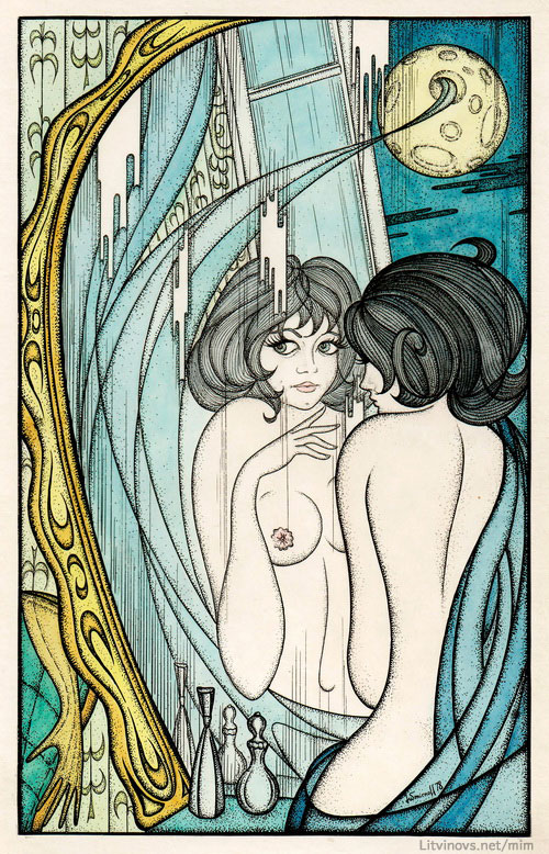 Маргарита, получившая волшебный крем, любуется на себ. Иллюстрации Юрия Смирнова к «Мастеру и Маргарите»