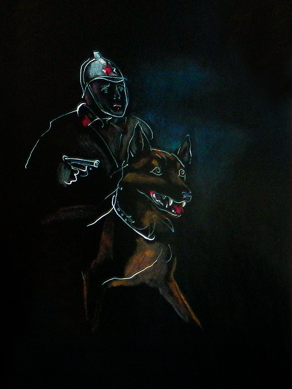 Милиция разбирается с непорядком; с ней знаменитая милицейская собака по имени Тузбубен. Иллюстрации Г.А.В. Траугот к «Мастеру и Маргарите»