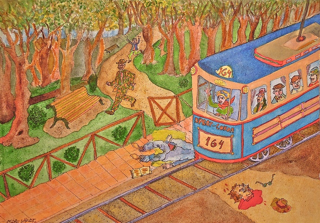 Берлиоз попдает под трамвай. Иллюстрации Педро Ухарта (Pedro Uhart) к «Мастеру и Маргарите»