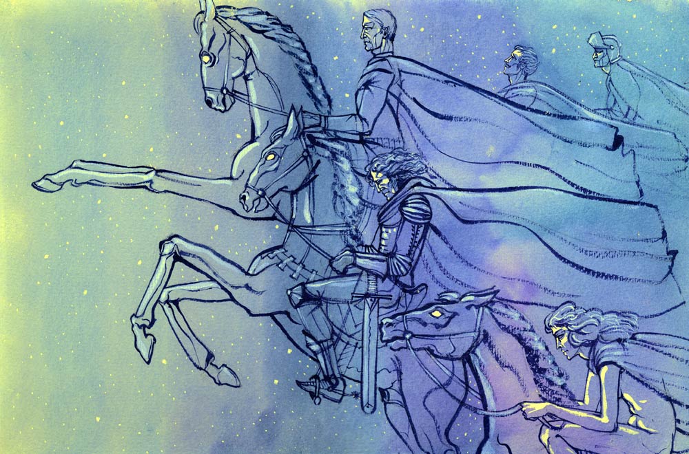 «Волшебные черные кони и те утомились и несли своих всадников медленно, и неизбежная ночь стала их догонять»
