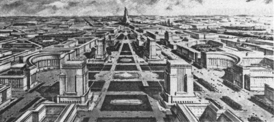 Проект реконструкции центра Москвы — проспект Дворца Советов (Аллея Ильича). 1936