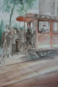 Черный кот на подножке трамвая. Иллюстрация Сэмюэля Гольца