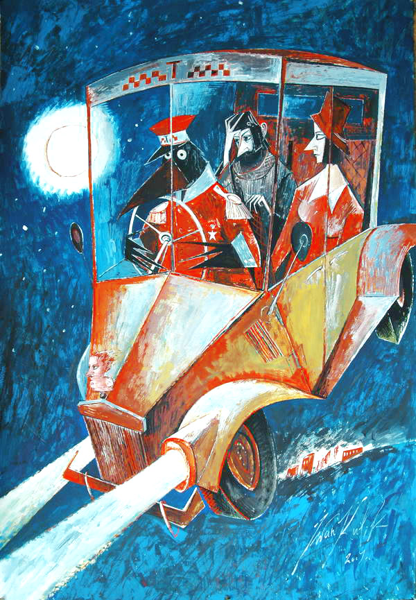Шофер-грач доставляет мастера и Маргариту домой после бала. Иллюстрации Ивана Кулика к «Мастеру и Маргарите»