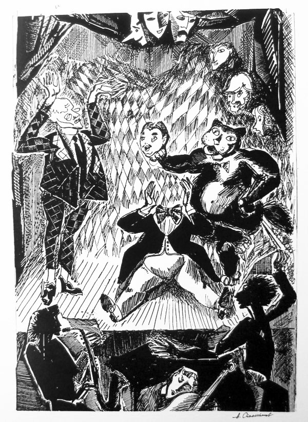Бегемот отрывает голову Жоржу Бенгальского. Графика Александра Сапожникова к «Мастеру и Маргарите»