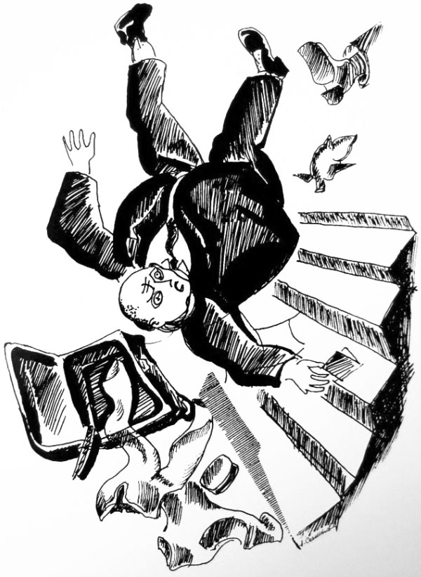 Дядя Берлиоза Поплавский слетает по лестнице. Графика Александра Сапожникова к «Мастеру и Маргарите»