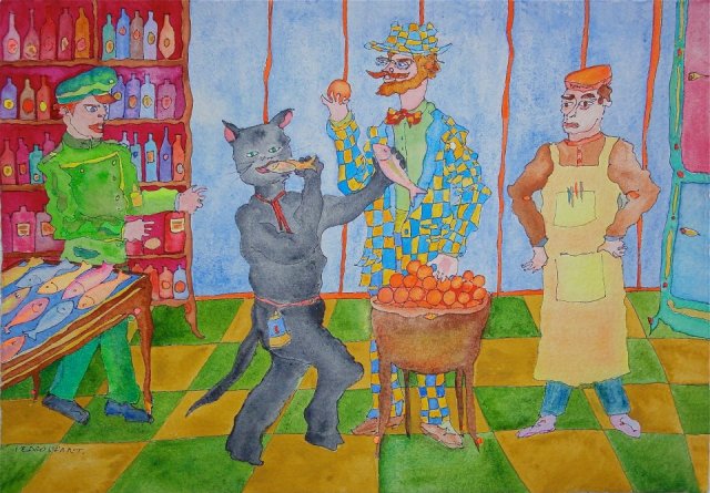 Бегемот ест селедку в Торгсине. Иллюстрации Педро Ухарта (Pedro Uhart) к «Мастеру и Маргарите»
