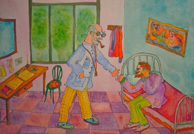 Иван Бездомный и профессор Стравинский в клинике. Иллюстрации Педро Ухарта (Pedro Uhart) к «Мастеру и Маргарите»