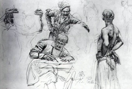 Картина «Запорожцы пишут письмо турецкому султану» И.Е. Репина. Эскиз древесным углем (1878)